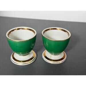 2 Winterling Bavaria Germany Porcelain Green & White Gold Trim Egg Cup Vintage